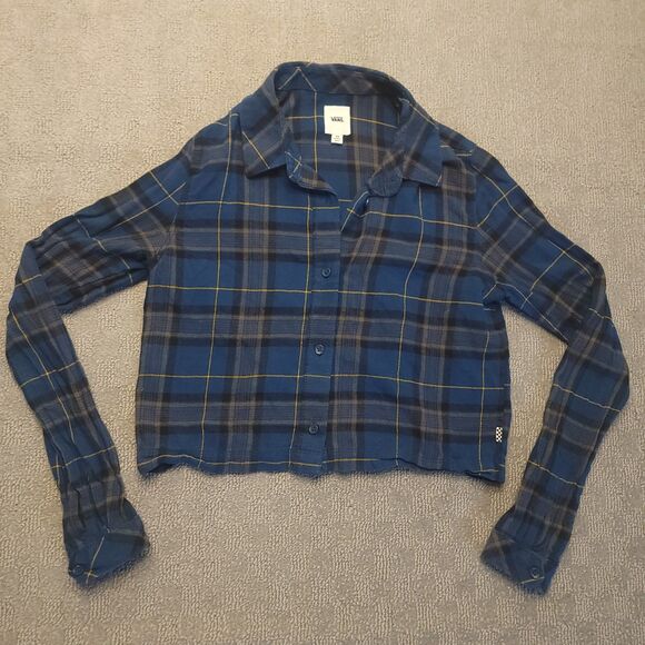 Vans Womens Size XS Crop Top Flannel Shirt Blue Long Sleeves Skater - Picture 2 of 7